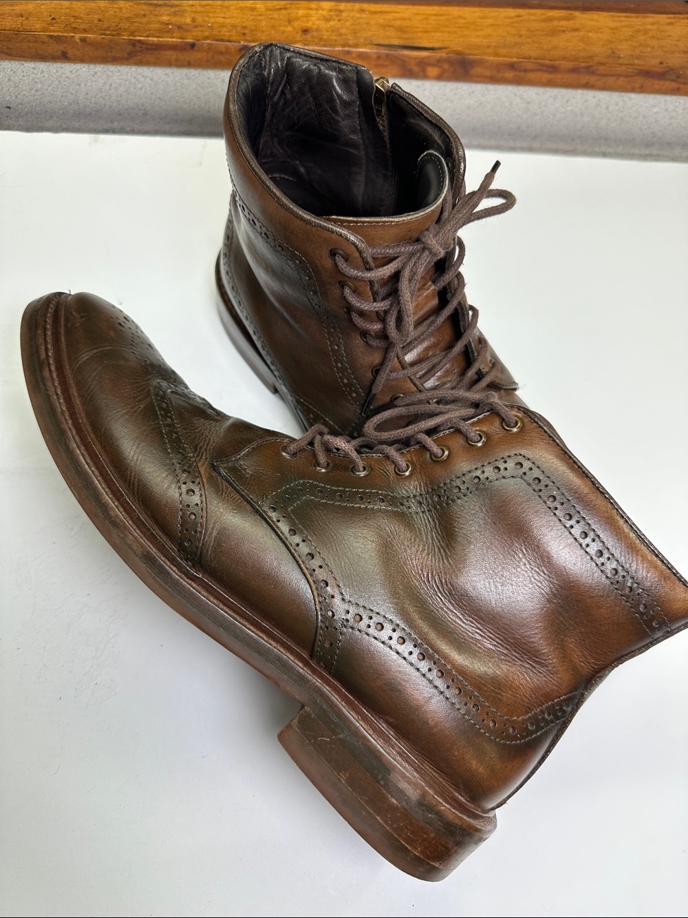 Flag Ltd. Paisley Leather Brogue Boots, Lace Up & Side Zipper, Men's Size 9.5